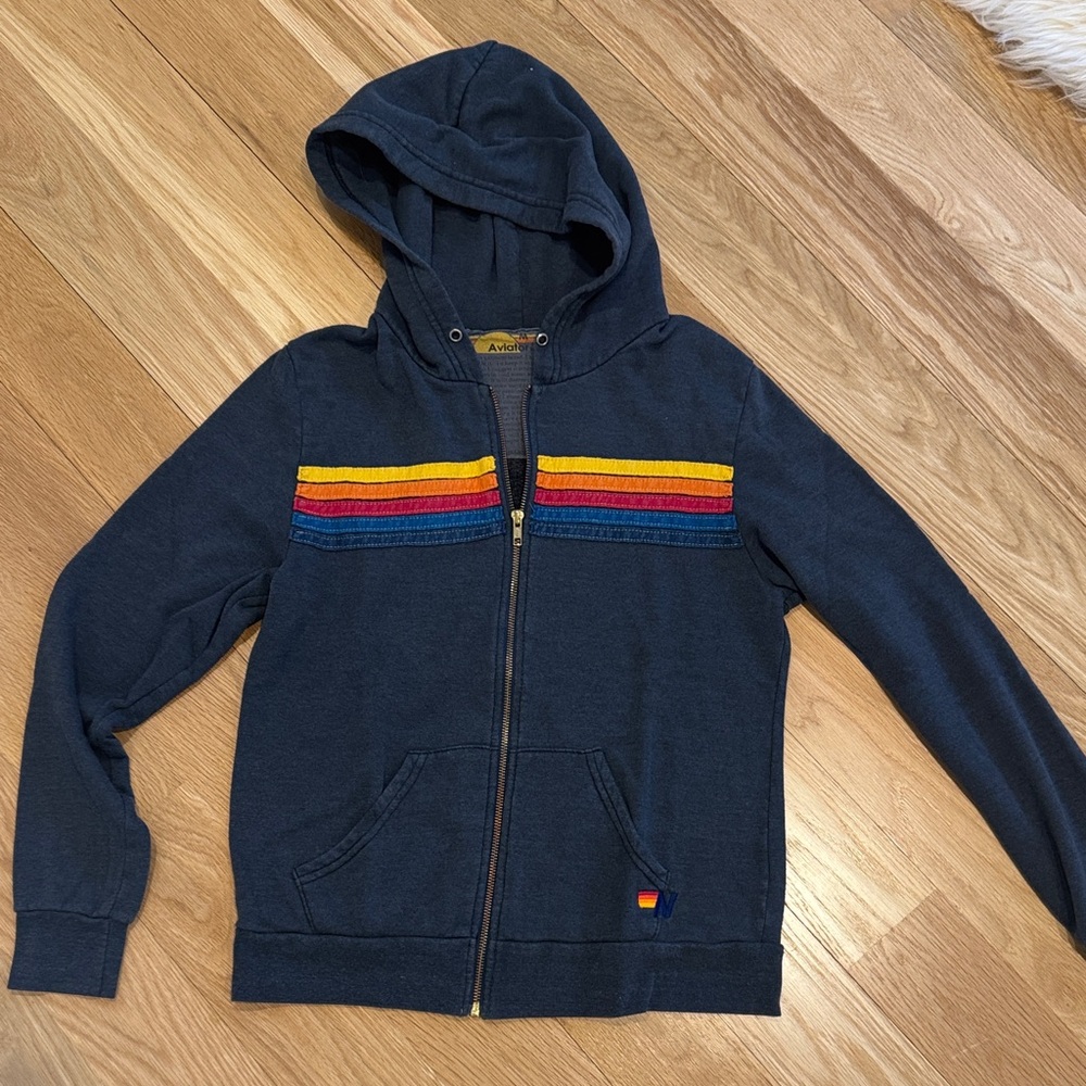 Aviator Nation Navy Hoodie with Rainbow Stripes